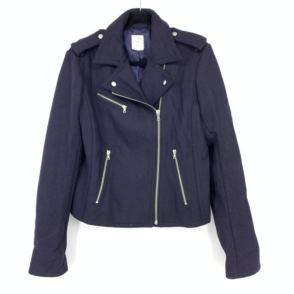 Gap Moto Style Zip Front Jacket Womens Sz MT Wool Blend Navy Blue Zipper Details